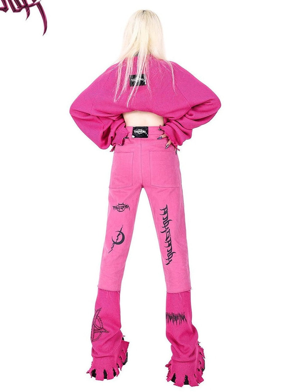 PINKSPINK Pink Embroidered Asymmetrical Distressed Pentagram Women's Cotton Flare Jeans
