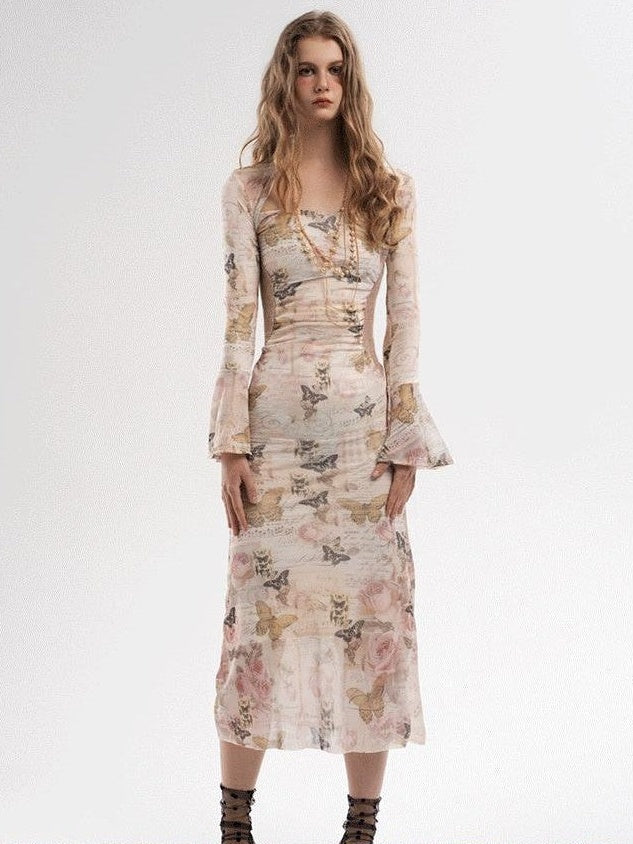 GGLOYDIUS Butterfly Print Bell Sleeve Ruched Waist Women's Triacetate Bodycon Maxi Dresses