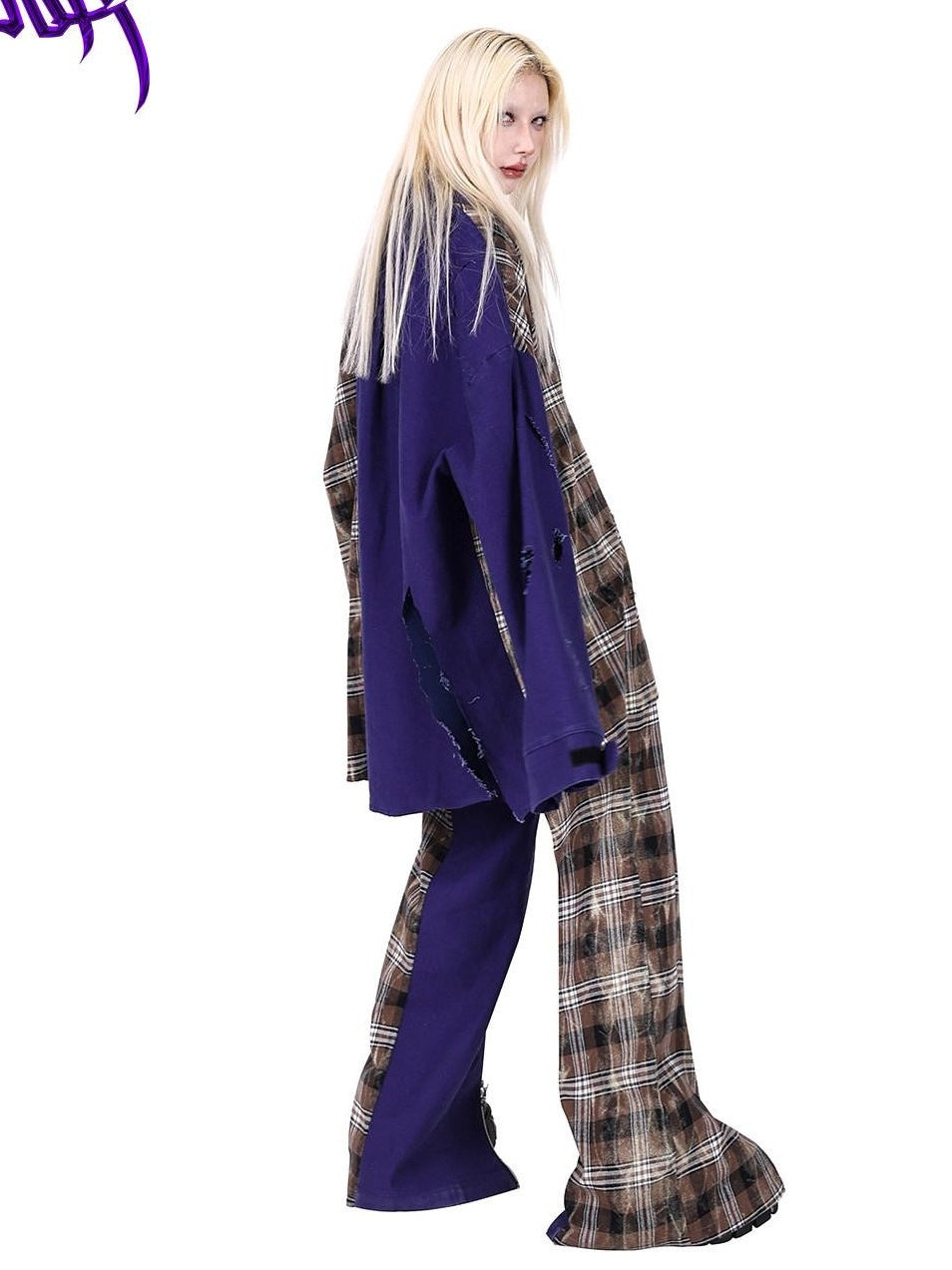 PINKSPINK Dream Purple Patchwork Zipper Plaid Asymmetric Pocket Women's Wide-leg Pants