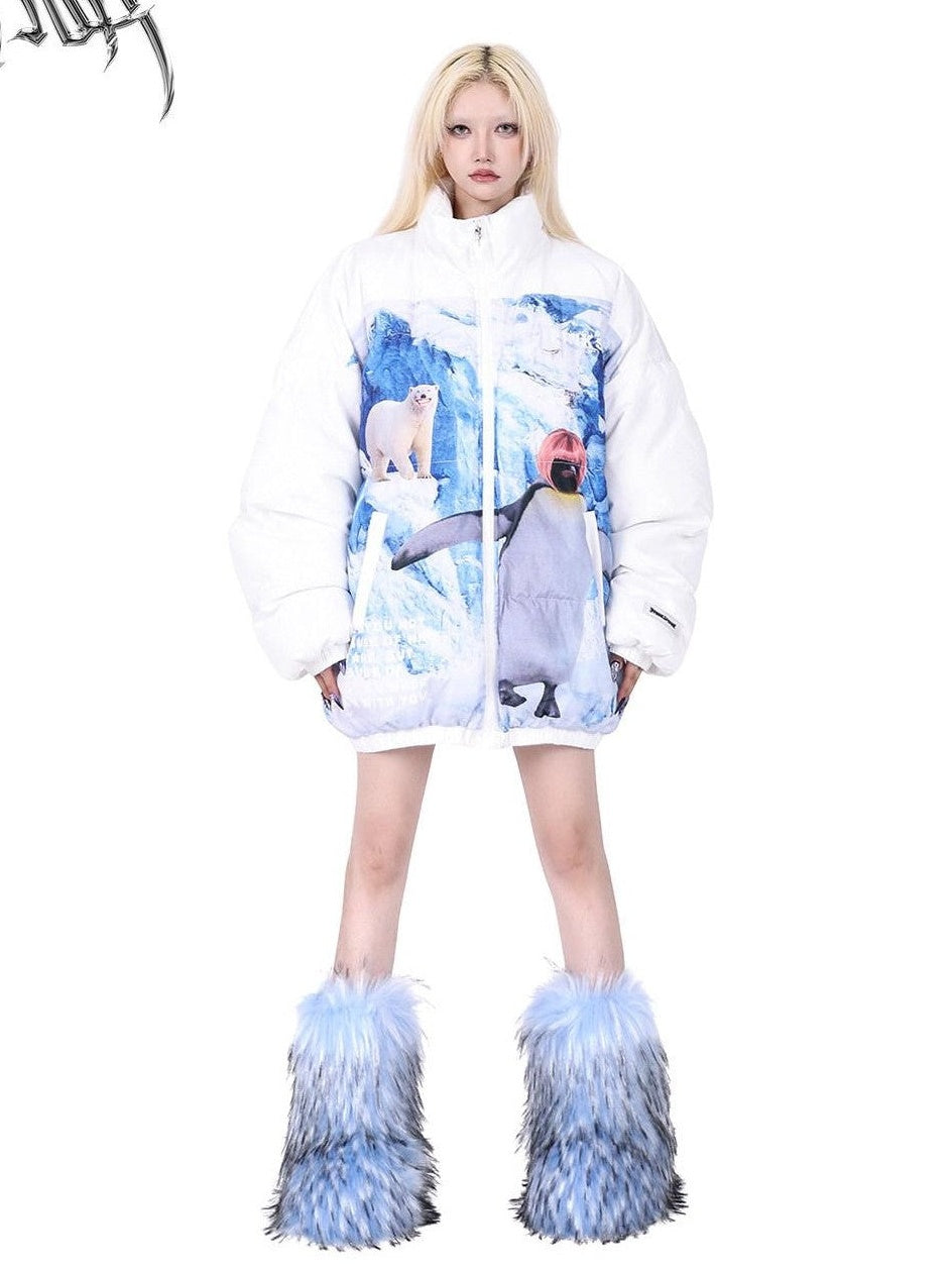PINKSPINK Snow Mountain Polar Bear Print Stand Collar Women's Cotton Padded Puffer Jackets