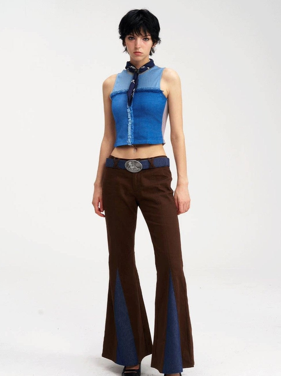 NextPassport MOF Brown Patchwork Denim Low Waist Zipper Women's Polyester Flare Jeans