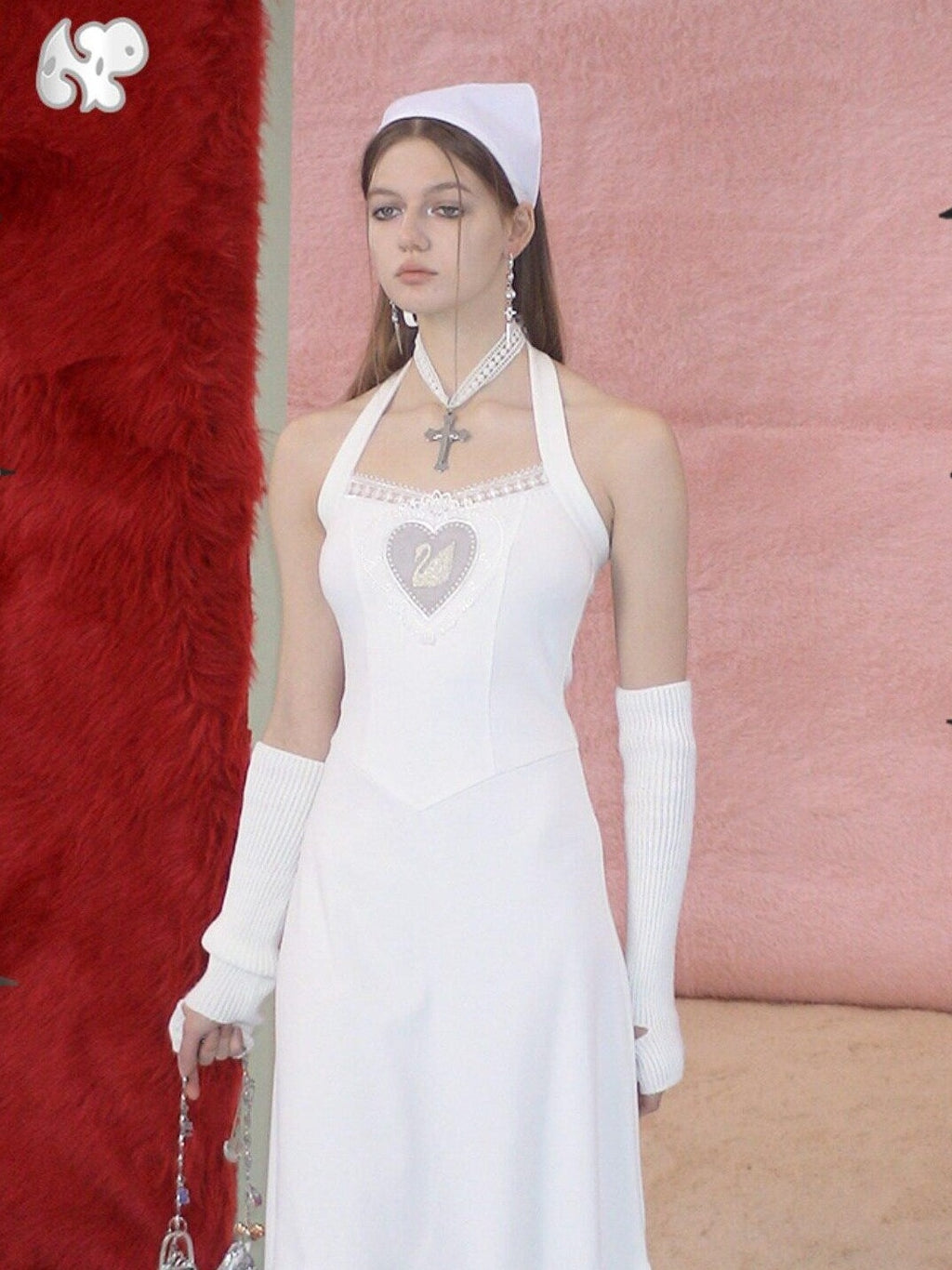 NextPassport MOF Ivory Swan Embroidered Lace Ruffle Mermaid Women's Cotton Halter Maxi Dresses
