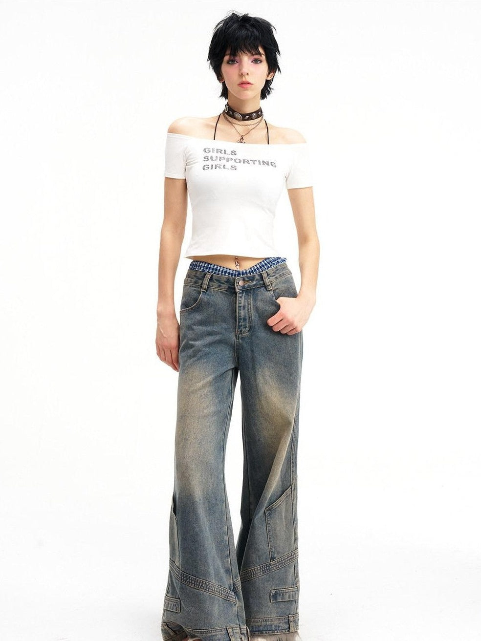 NextPassport MOF Vintage Deconstructed Frayed Hem Zip Fly Women's Denim Wide-leg Jeans