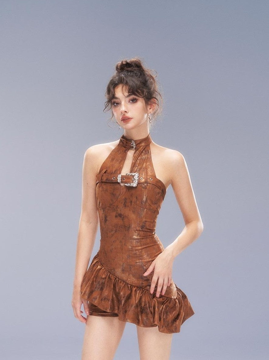 Tut tuto Brown Backless Zipper High Waist Slim Women's Halter Mini Dresses