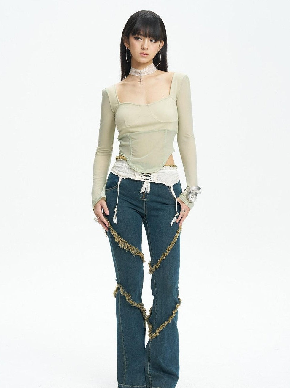 NextPassport MOF Mint Knit Mesh Splice Square Neck Cropped Women's Long Sleeve T-shirts