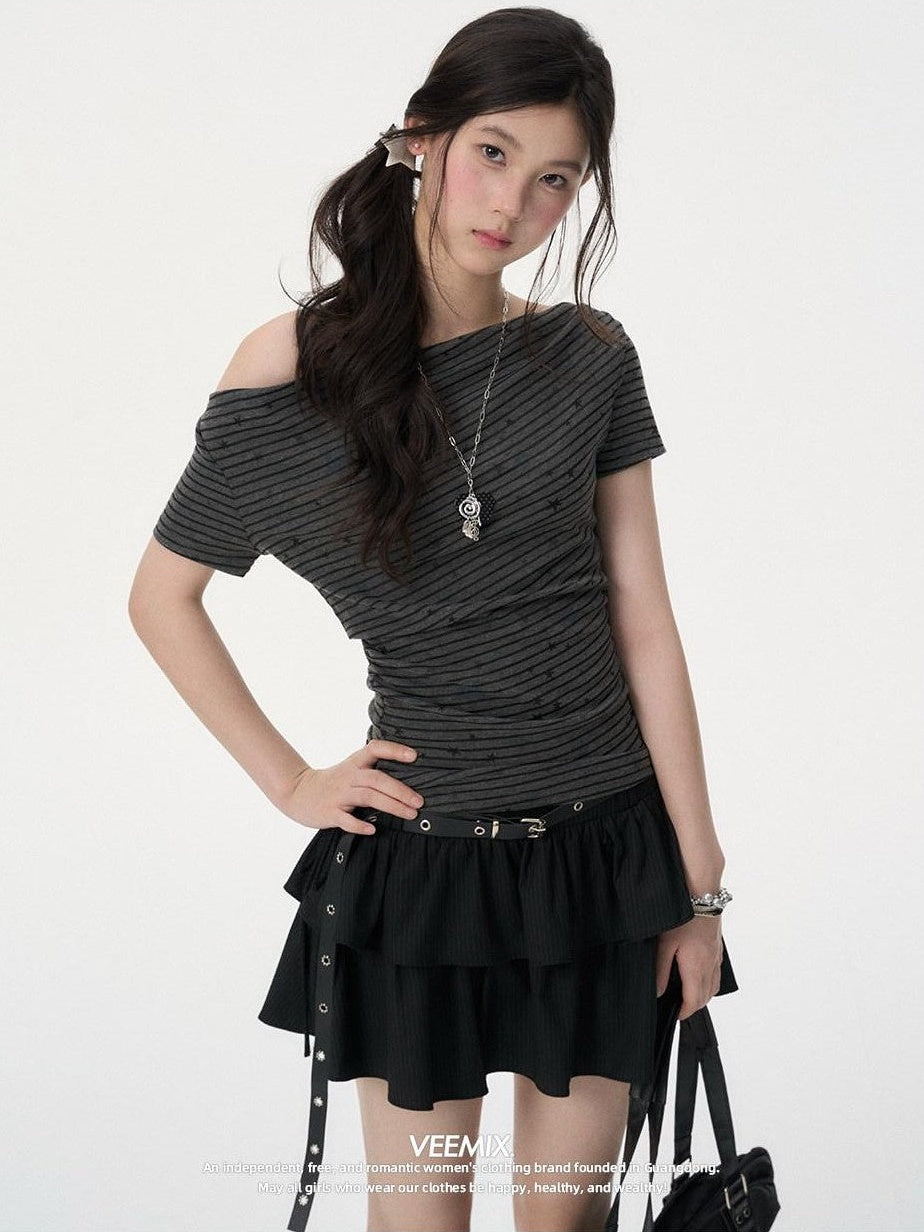 VEEMIX Gray Striped Tiered Pleated A Line Tie High Waist Women's Polyester Mini Skirts