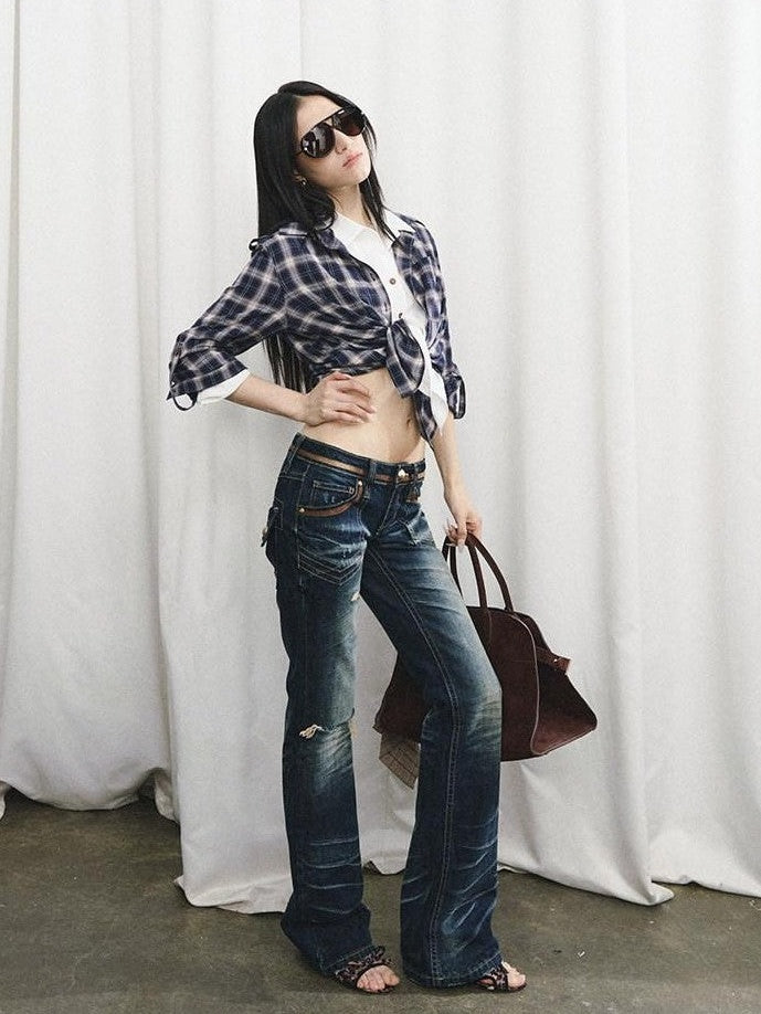 Fanptntox Vintage Washed Whisker Aged Ripped Low Rise Slim Women's Cotton Distressed Jeans