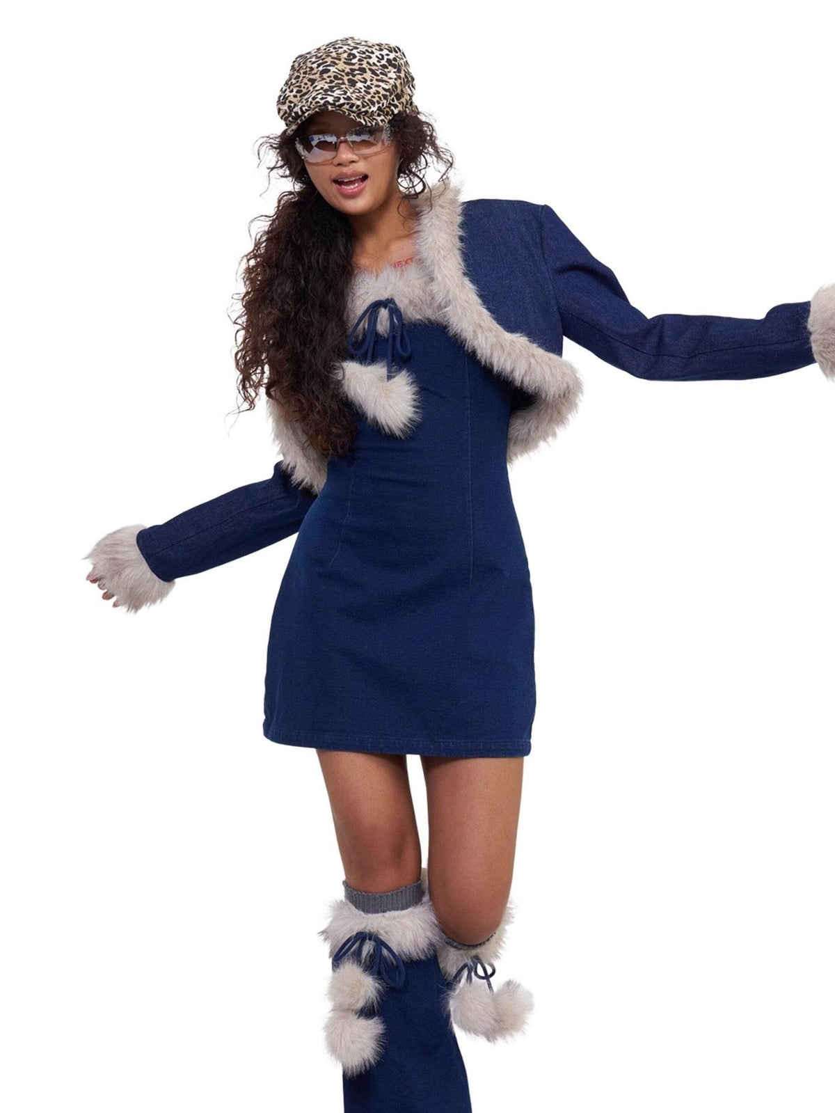 NextPassport MOF Fuzzy Knitted Denim Strappy Leg Warmers Women's Slip Mini Dresses