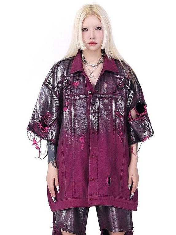 PINKSPINK Wasteland Pink Silver Coated Embroidered Distressed Women's Cotton Denim Jackets