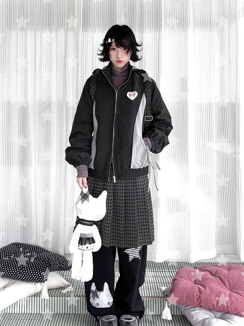 Kyouko Baby Waffle Plaid Hooded Zip Women's Thin Cotton Lightweight Jackets