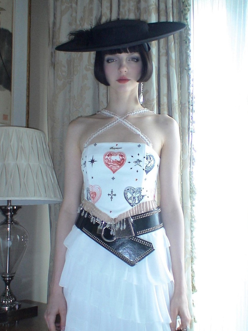 NextPassport MOF Heart Print Fishbone Boned Pendant Strap Women's Polyester Corset Tops