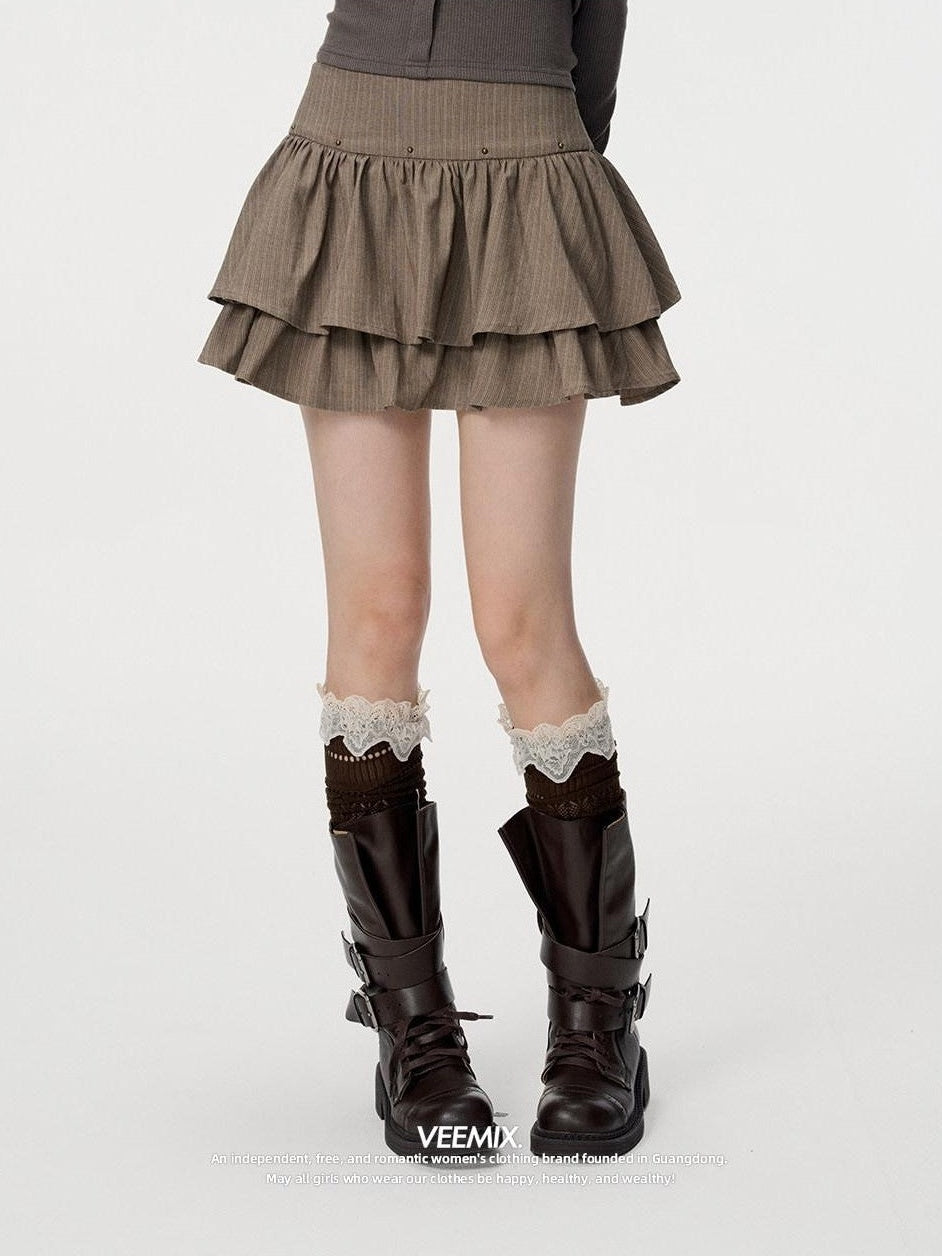 VEEMIX Gray Beaded Pleated A Line High Waist Women's Polyester Cotton Blend Mini Skirts