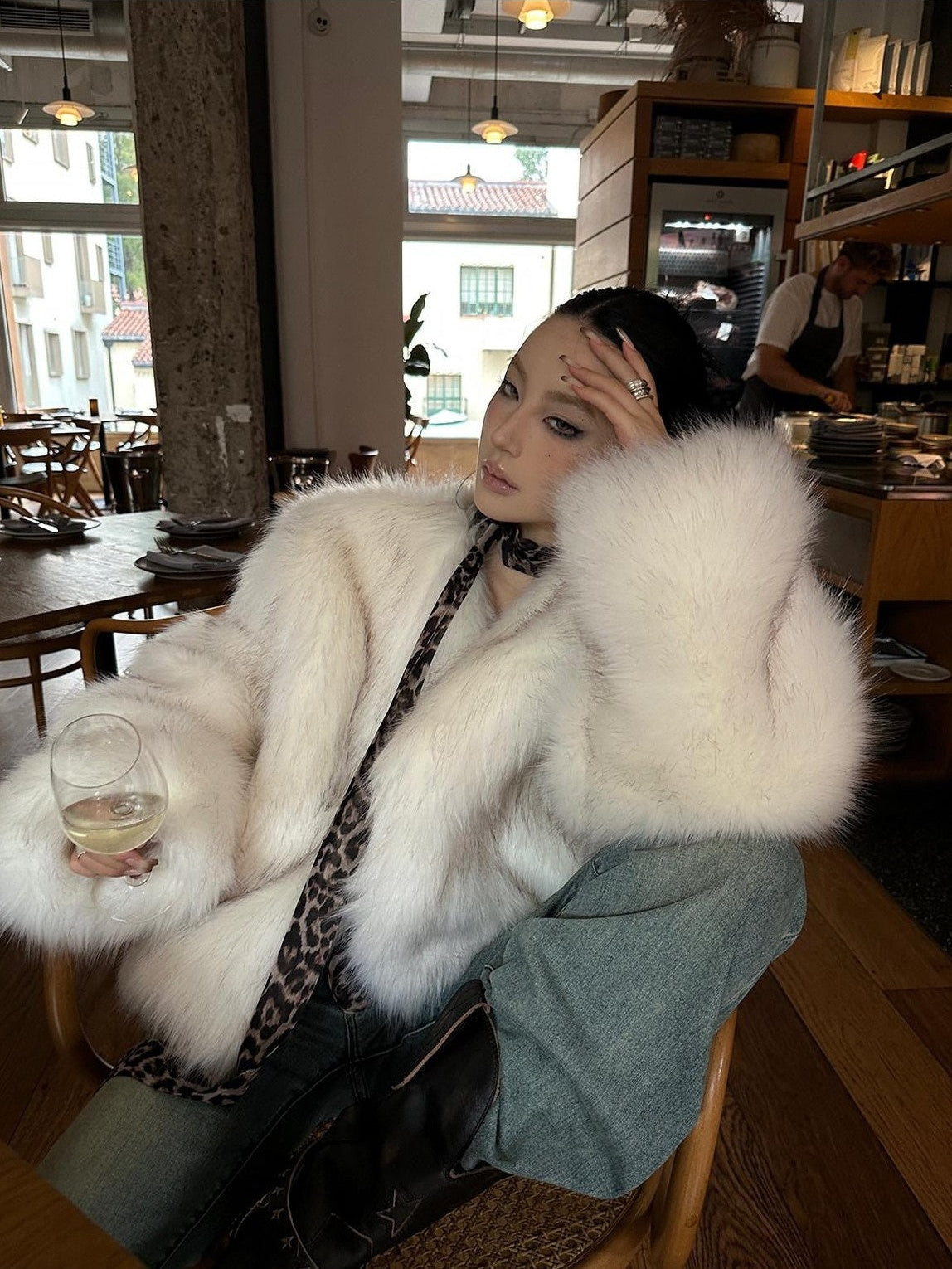 Fanptntox White Boatneck Cropped Loose Fit Women's Faux Mink Faux Fur Coats