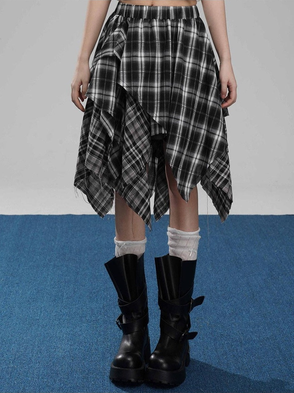 VEEMIX Coffee Plaid Asymmetrical High Waist A Line Women's Cotton Blend Midi Skirts