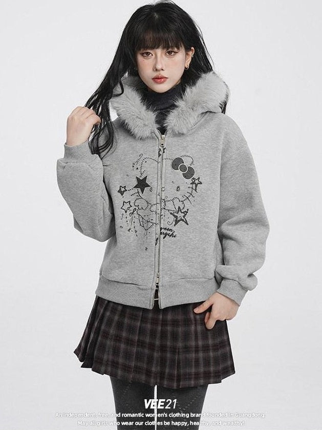 VEEMIX Apricot Fur Collar Cat Print Hooded Thick Women's Cotton Blend Zip-up Hoodies