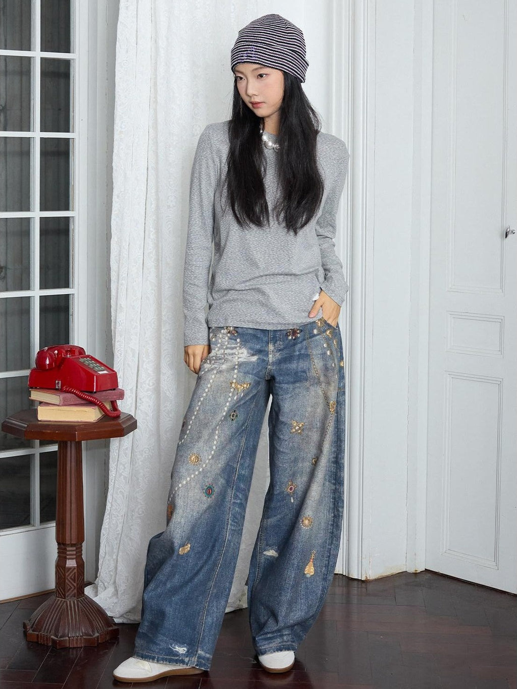 MOF Blue Loose 3d Gem Brooch Curved Blade Print Women's Denim Barrel-leg Jeans