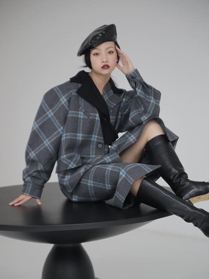 Jnylon studios Deconstructed Plaid Asymmetric Color Block Women's Wool Long Straight Coat With Pockets Buttons Wool Coats