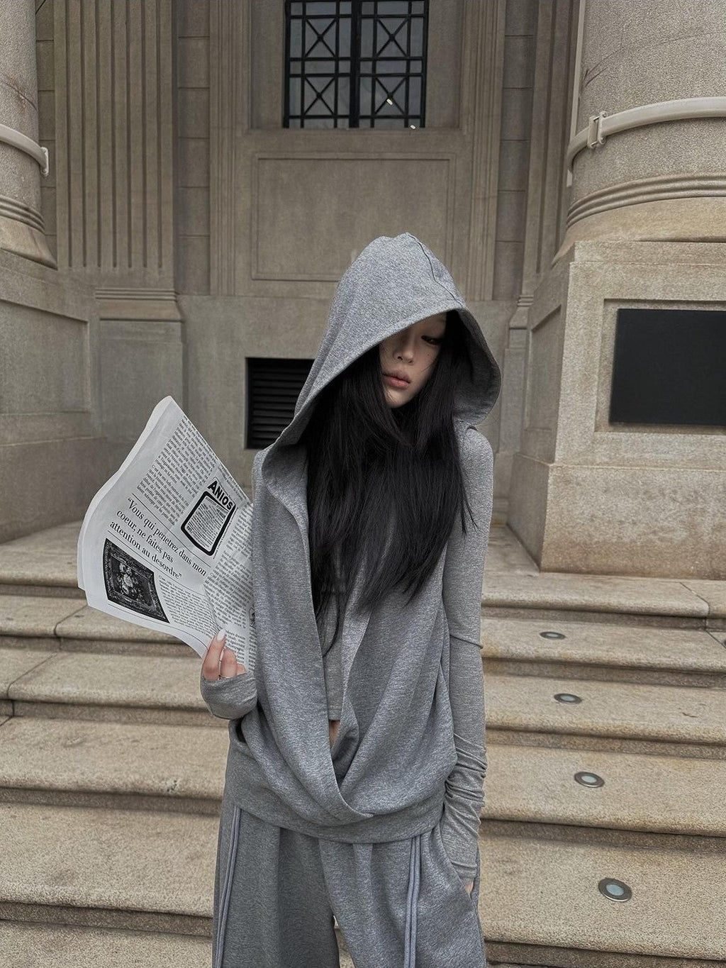 Fanptntox Gray High Neck Zip Hooded Vest Two Piece Women's Cotton Blend Hoodies