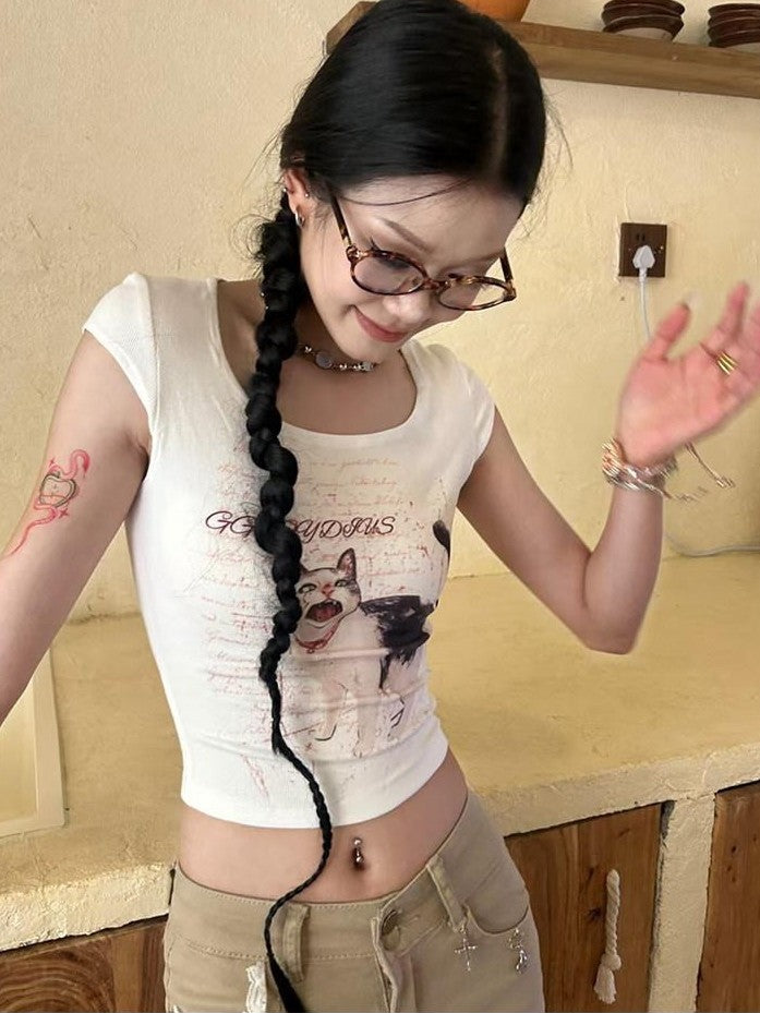GGLOYDIUS Cute Cat Print Lace Trim Cropped U Neck Women's Cotton Casual Top & Shorts Sets