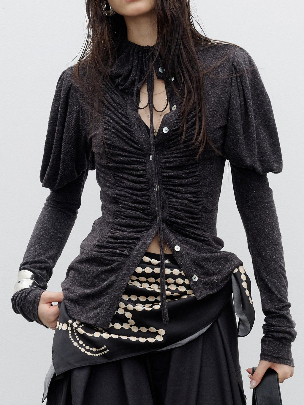 Jnylon studios Vintage Sculpted Ruched High Neck Lace Up Women's Knit Long Sleeve T-shirts
