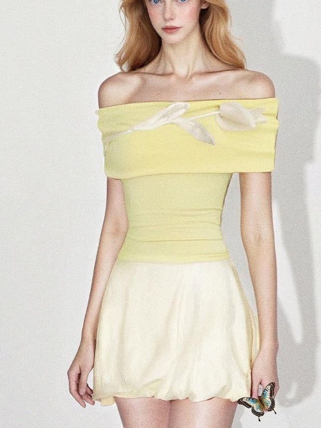 GGLOYDIUS 3d Floral Off Shoulder Yellow Women's Silk Casual Top & Skirt Sets
