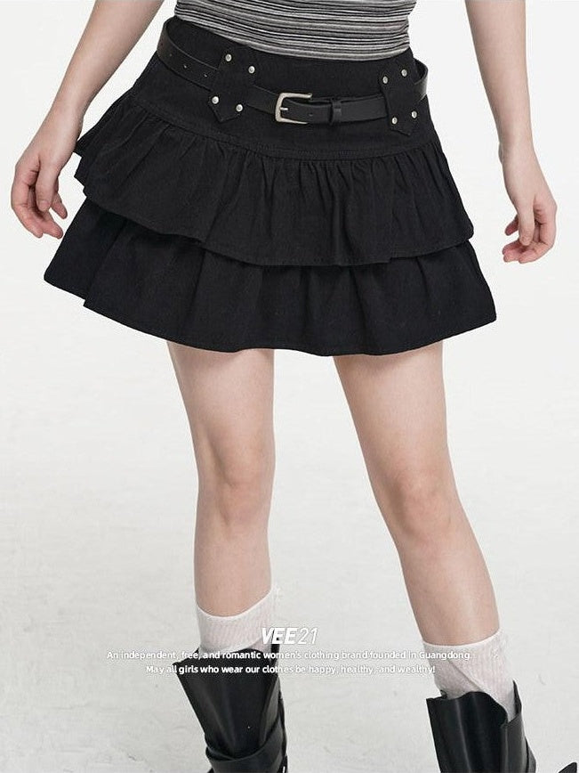 VEEMIX Black Pleated Ballet Puff A Line Belted Women's Cotton Rayon Blend Mini Skirts
