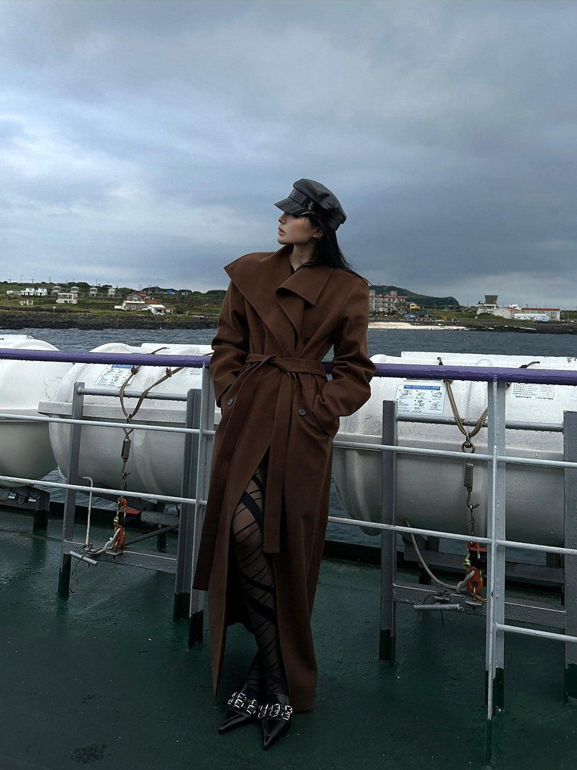 Fanptntox High Collar Belted Straight Slim Solid Women's Woolen Long Coats