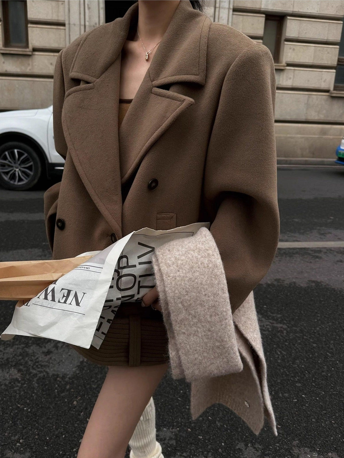 Fanptntox Padded Shoulders Notched Lapel Single Breasted Women's Wool Short Coats