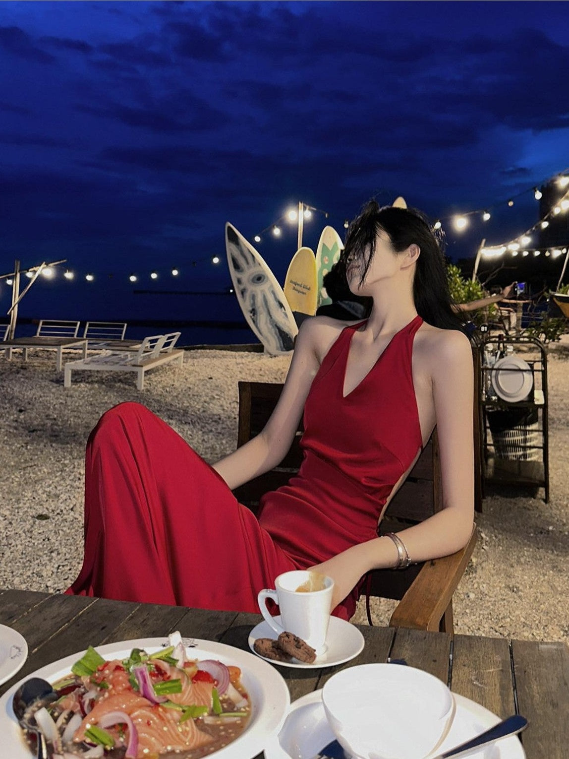 Fanptntox Red Backless Halter V-neck High Waist Women's Polyester Beach Maxi Dresses