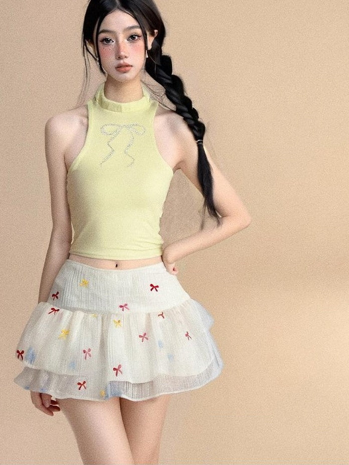 GGLOYDIUS Pleated Bow Print Cake Skirt Women's Polyester Casual Top & Skirt Sets
