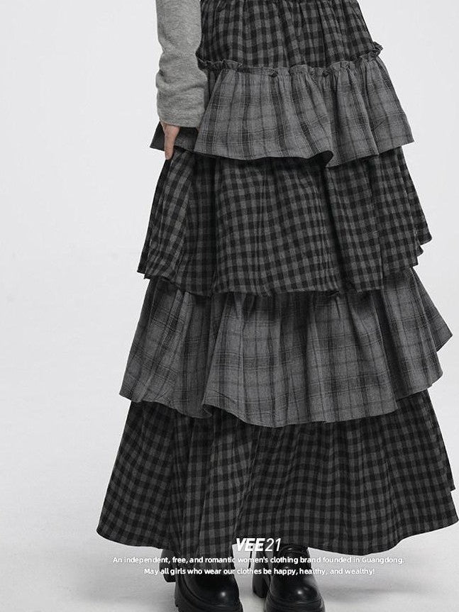 VEEMIX Long Two Tone Check Spliced Japanese Women's Polyester Tiered Skirts