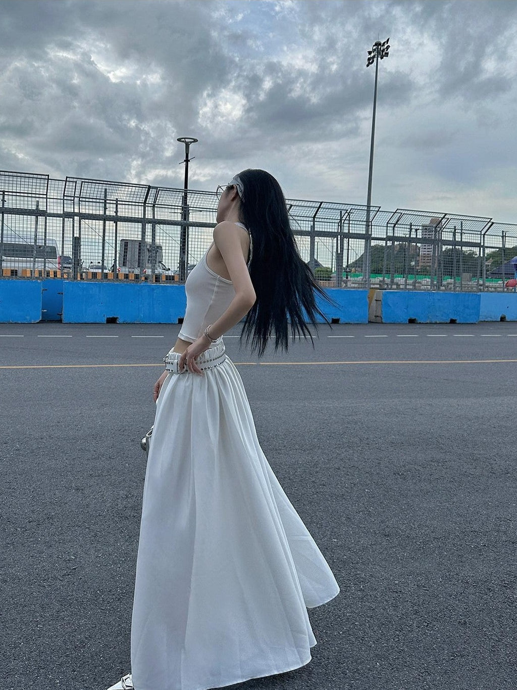 Fanptntox White Vintage Full Flare A Line Low Waist Slimming Women's Other Maxi Skirts