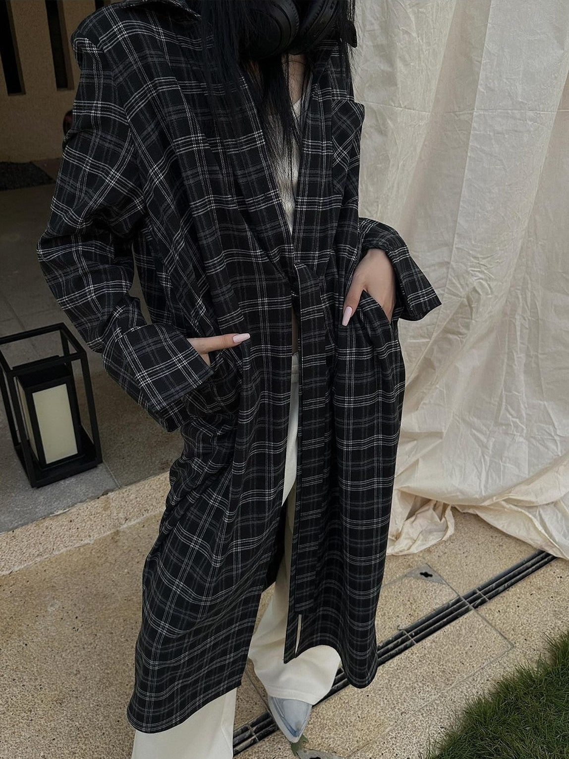 Fanptntox Plaid Tie Front Blazer Collar Women's Other Fabric Longline Loose Tunic Blouses