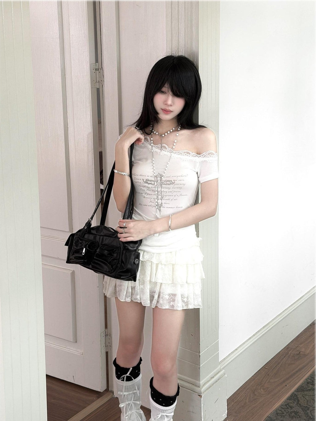 Kyouko Baby Japanese Vintage Cross Lace Asymmetric Shoulder Women's Lace Matching Skirt Sets