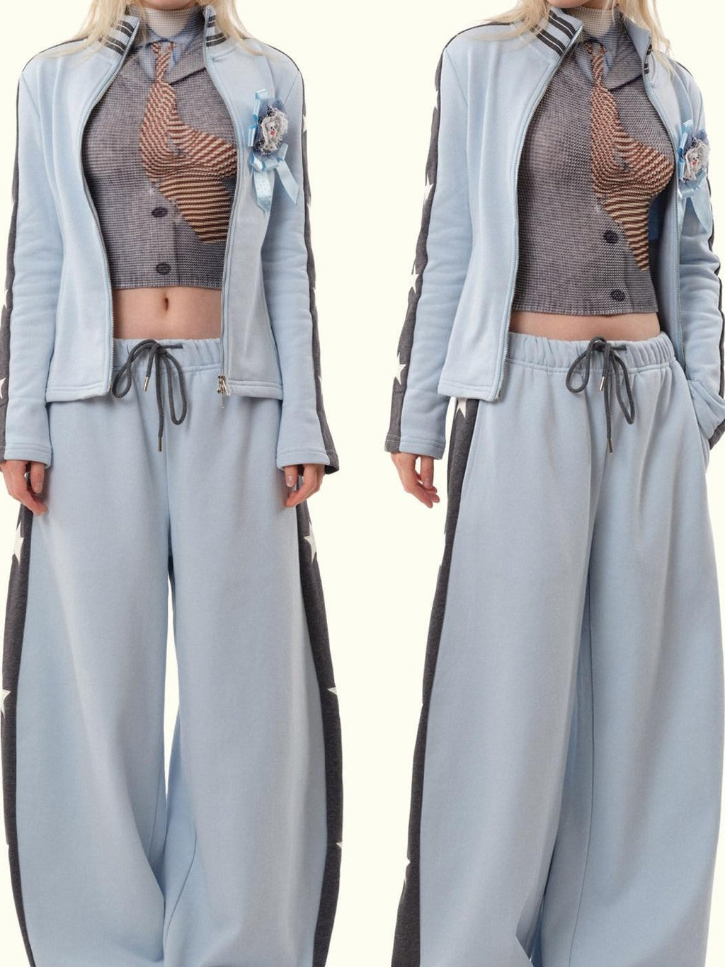 MOF Blue Grey Star Contrast Stand Collar Zip Women's Cotton Tracksuit Sets