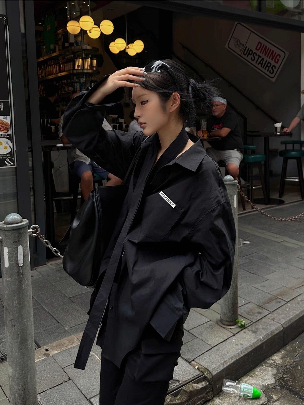 Fanptntox Ribbon Tie Boyfriend Polo Collar Women's Other Fabric Oversized Shirts