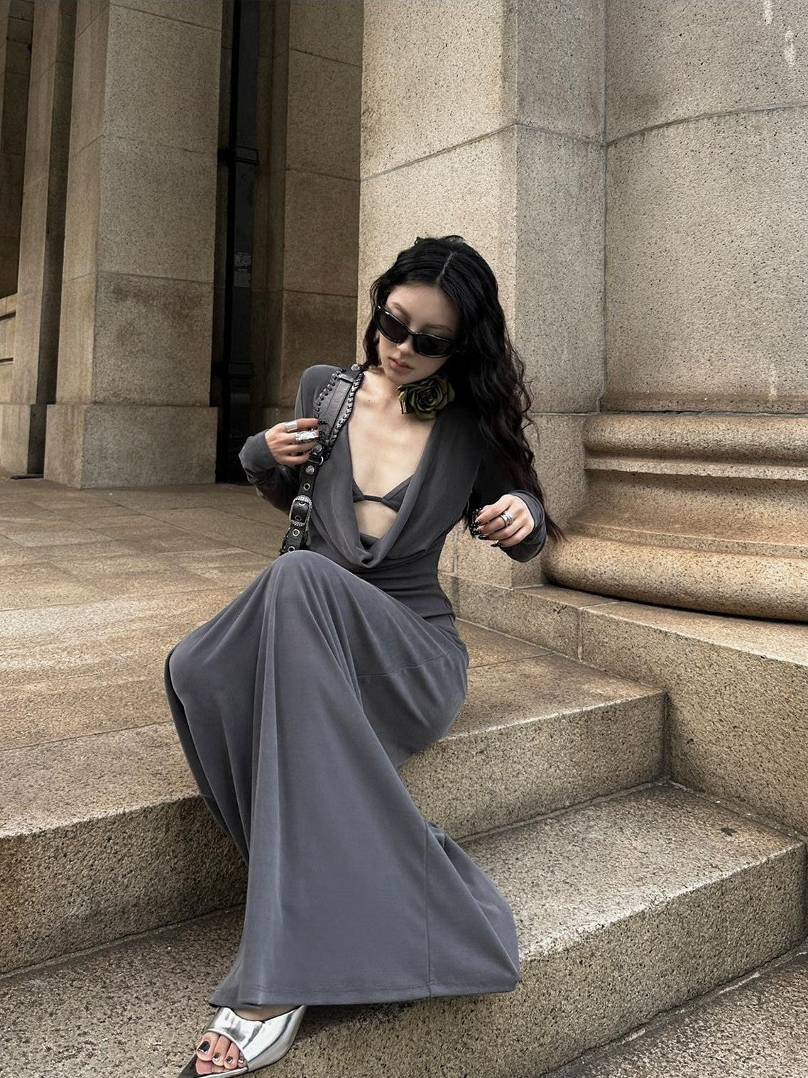 Fanptntox Gray Scoop Neck Slimming Long Sleeve High Waist Women's Bodycon Maxi Dresses