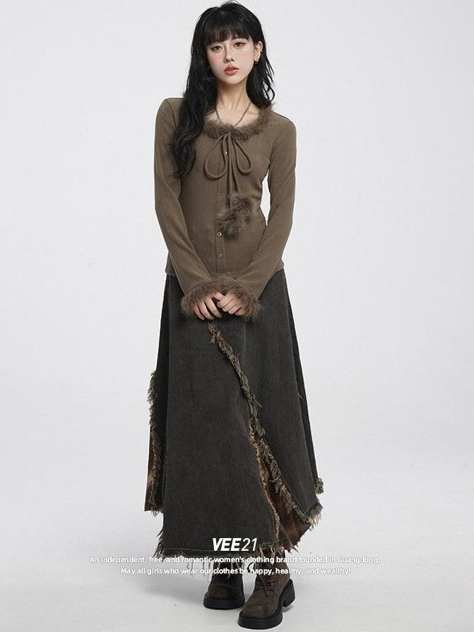 VEEMIX Coffee Fuzzy Cuff 3d Button Women's Lyocell Polyester Blend Sweaters