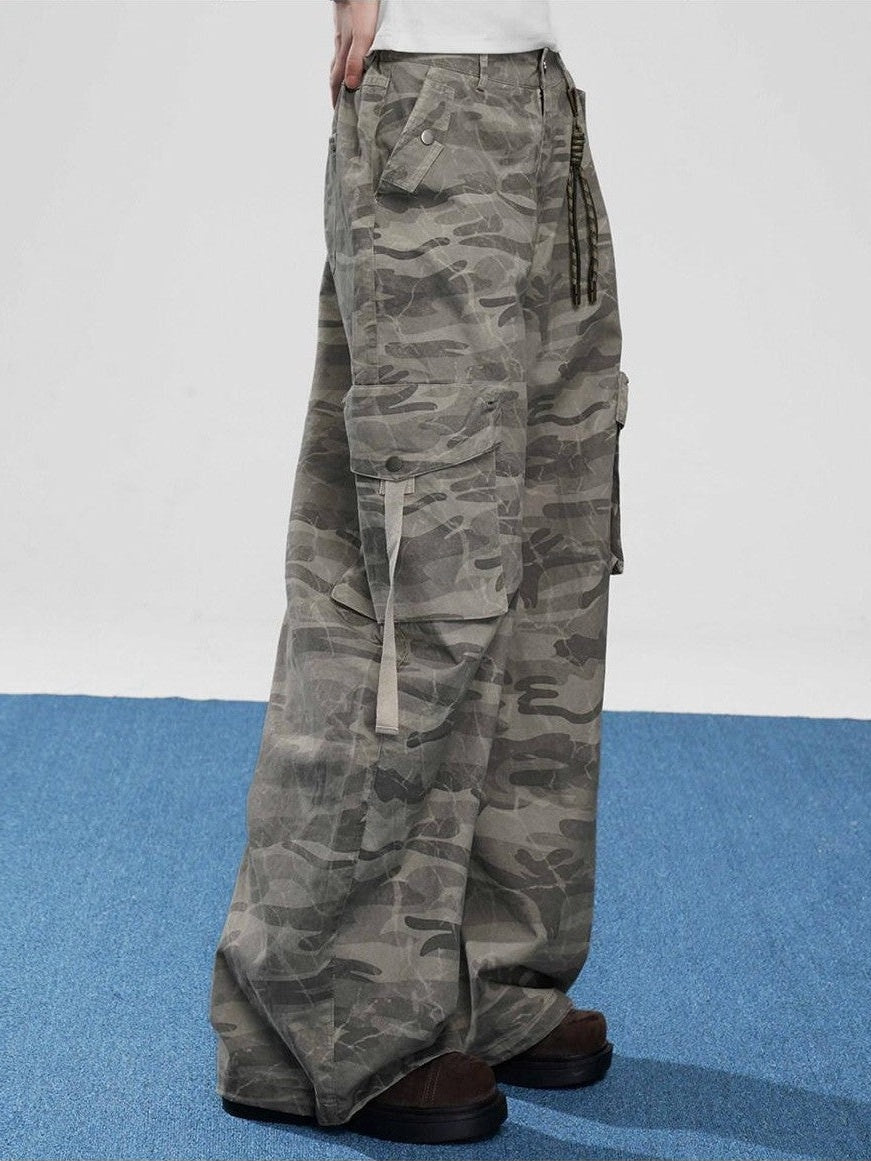 VEEMIX Military Green Camouflage Cargo Pockets Women's Cotton Blend Wide-leg Pants