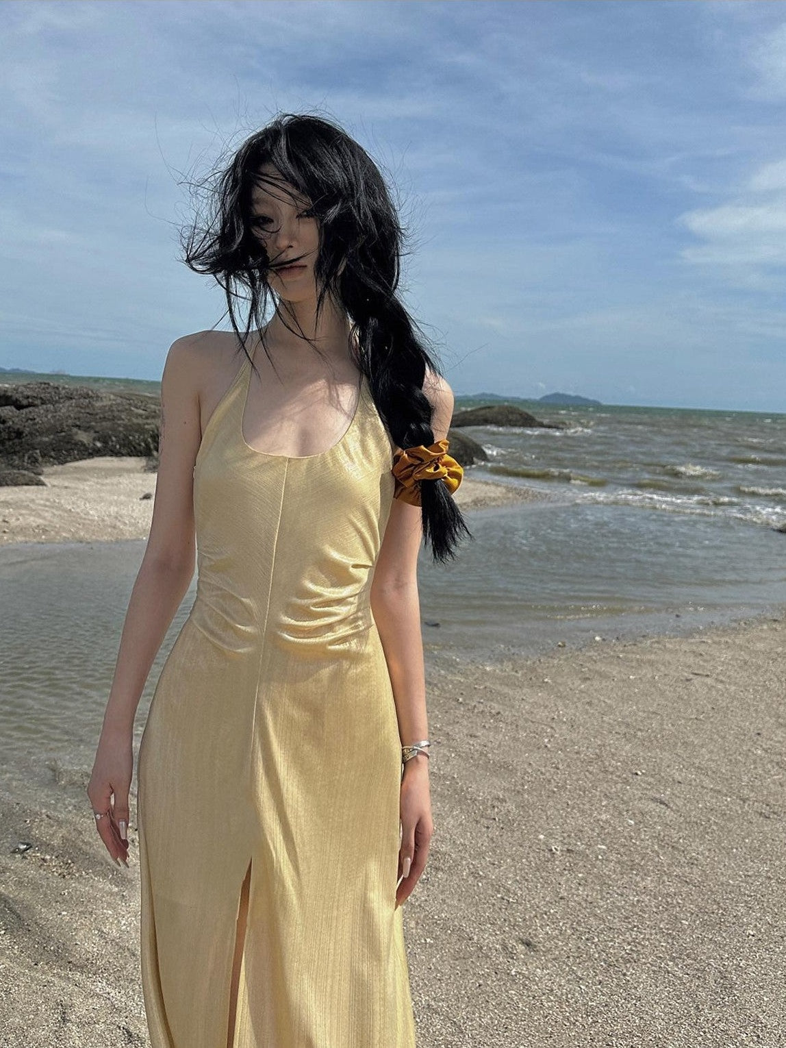 Fanptntox Gold Slit High Waist A Line Sleeveless Zipper Women's Halter Maxi Dresses