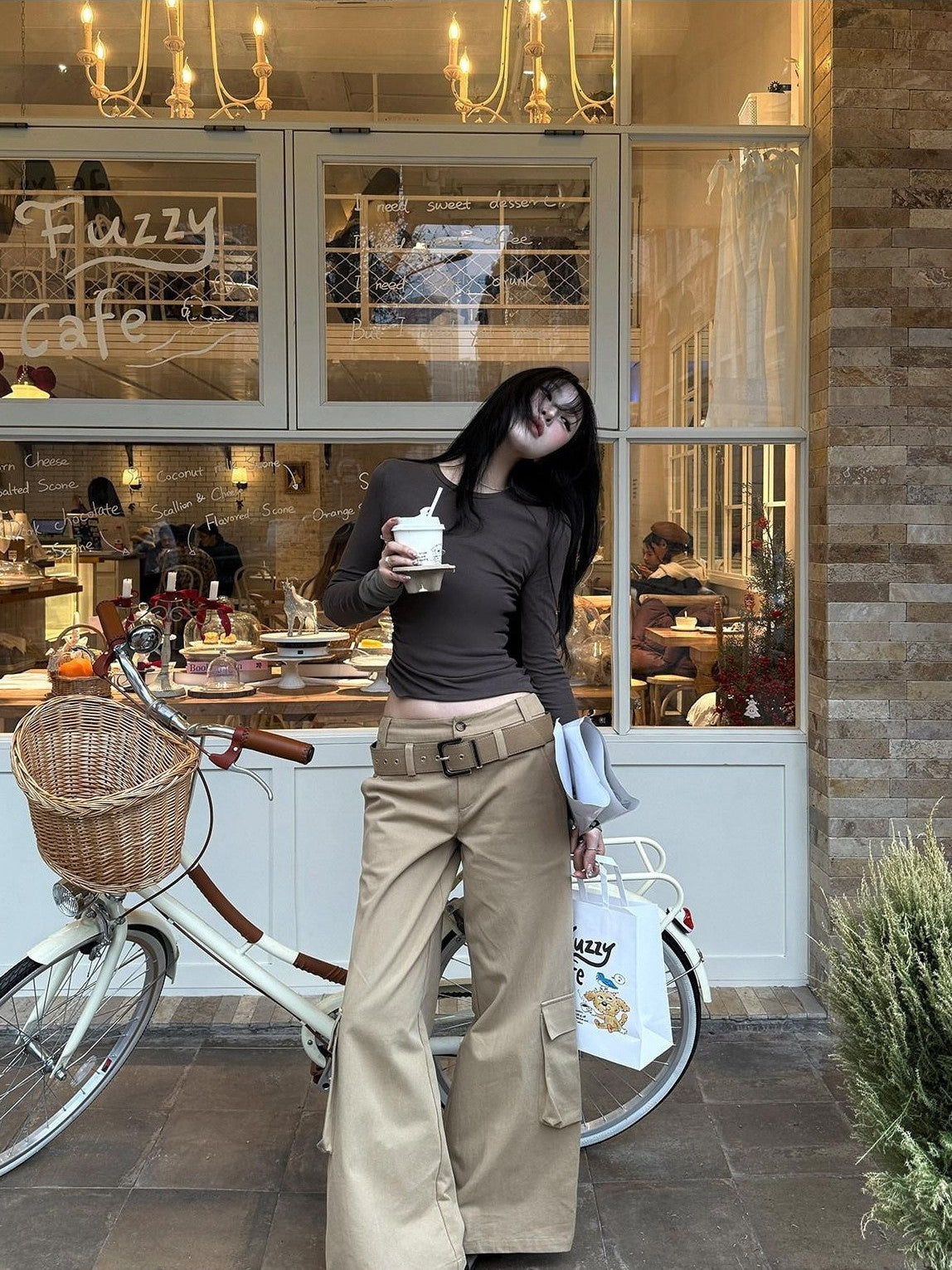 Fanptntox Khaki Low Waist Zip Fly Relaxed Wide Leg Straight Women's Cargo Pants
