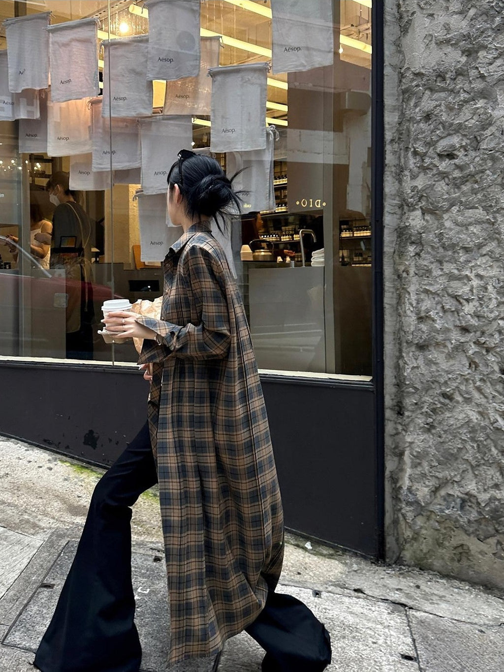 Fanptntox Plaid Padded Shoulder Oversized Shirt Silhouette Women's Long Coats