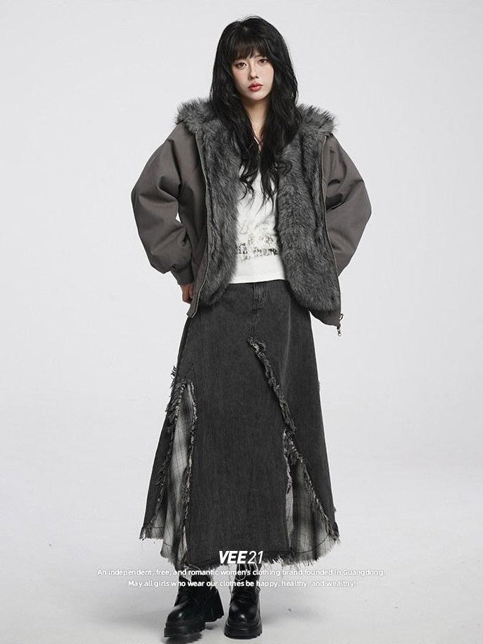 VEEMIX Smoky Gray Asymmetrical A Line Patchwork Distressed Women's Denim Maxi Skirts