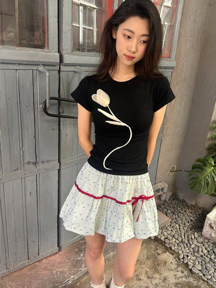 GGLOYDIUS Light Green Bow Tie High Waist Tiered Women's Cotton Mini Skirts