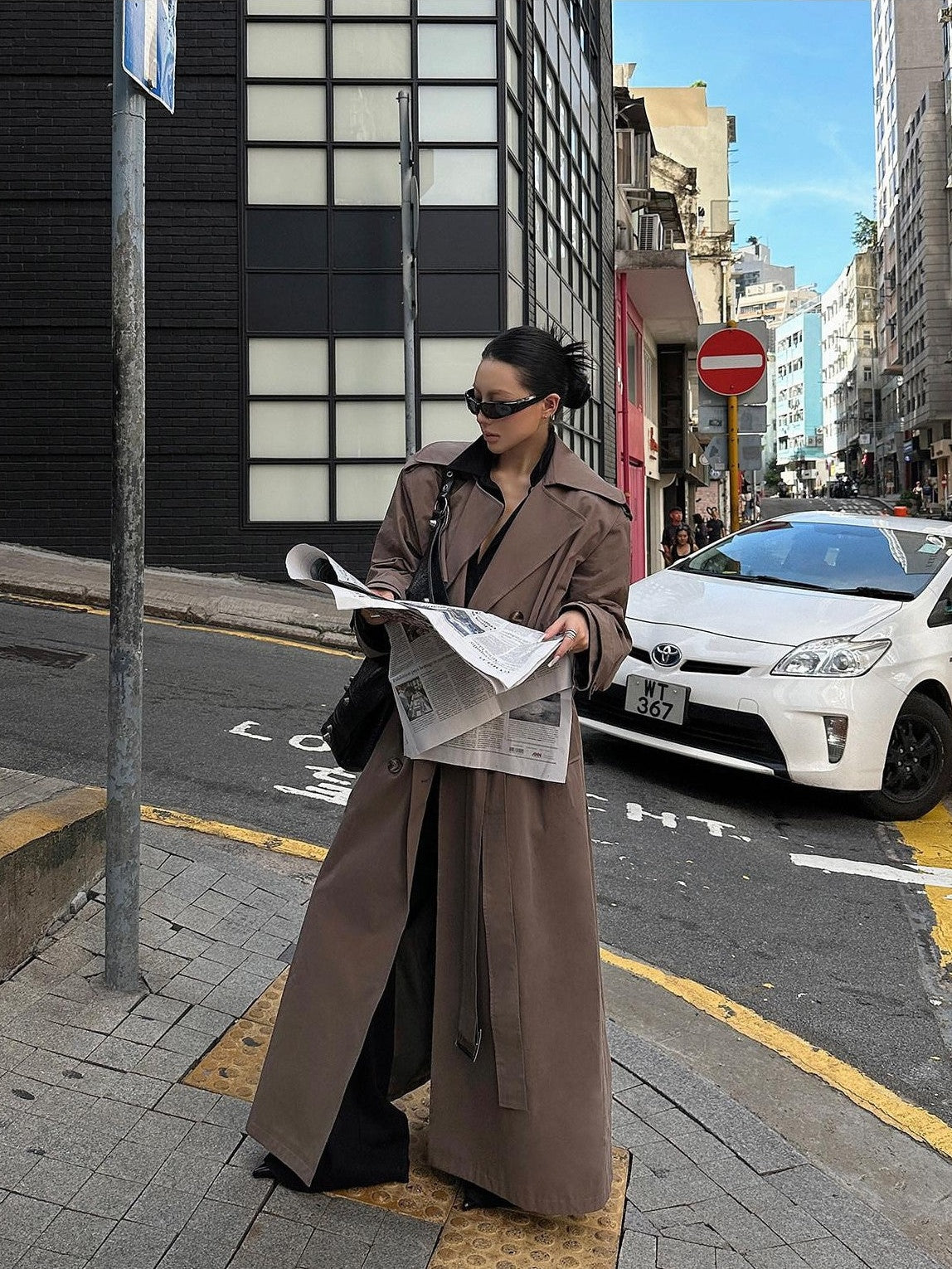 Fanptntox Dark Coffee Double Breasted Oversized Long Blazer Collar Women's Trench Coats