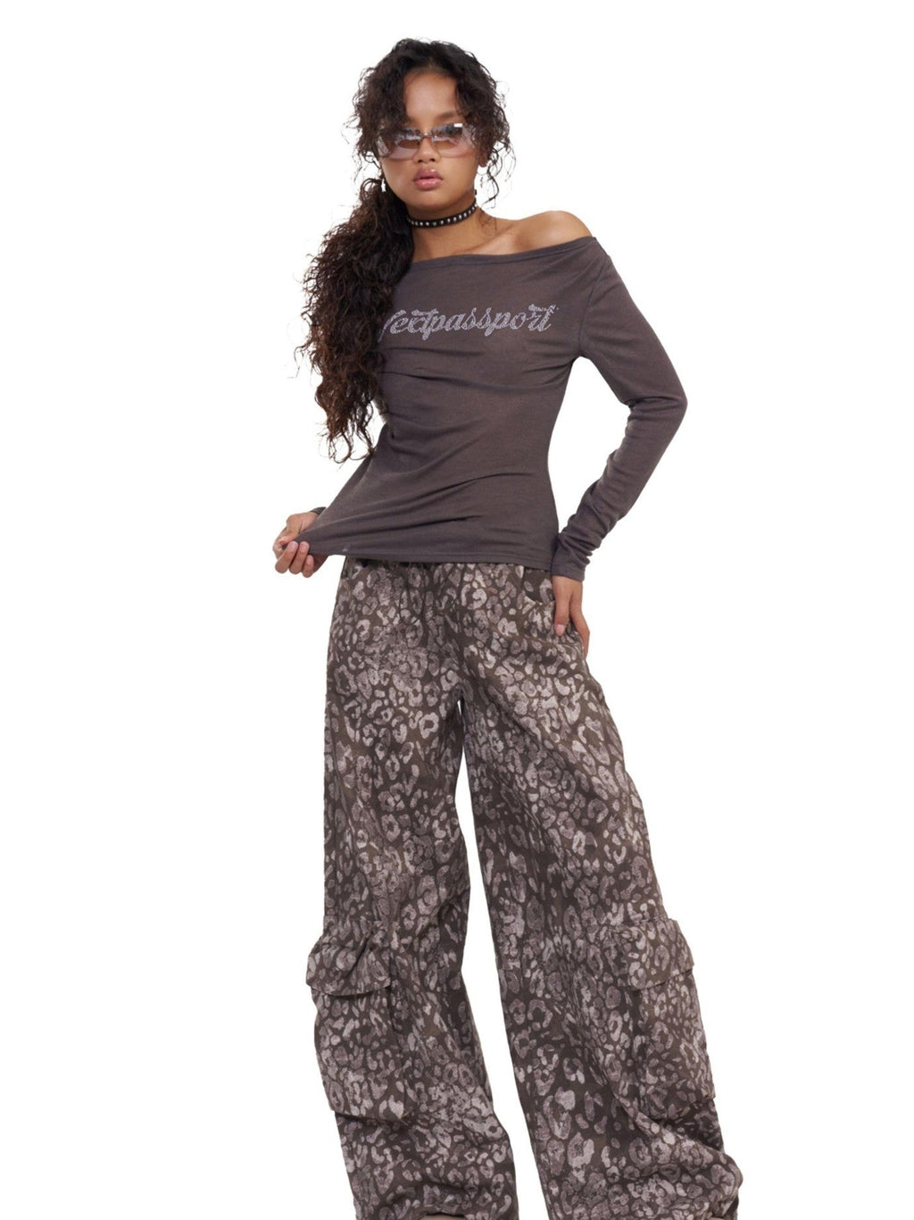 NextPassport MOF Black Rhinestone One Shoulder Slim Fit Women's Cotton Blend Long Sleeve T-shirts