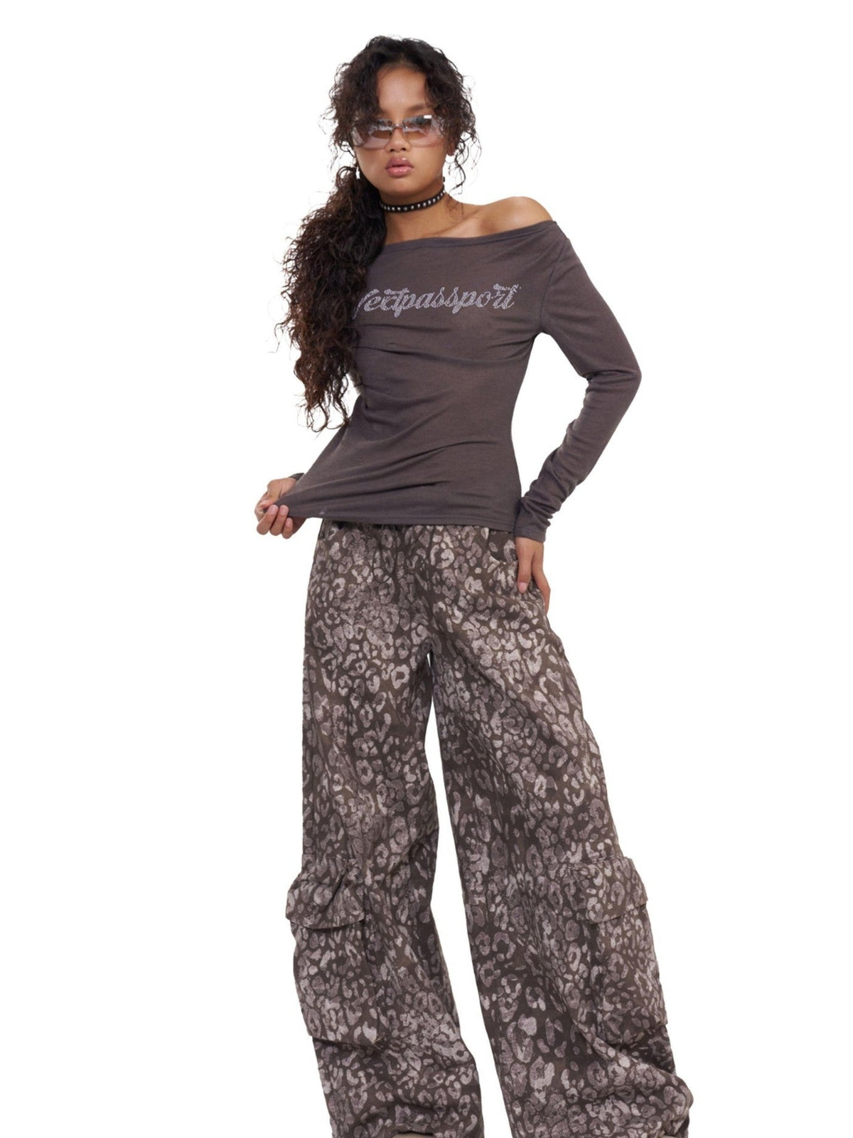 NextPassport MOF Black Rhinestone One Shoulder Slim Fit Women's Cotton Blend Long Sleeve T-shirts