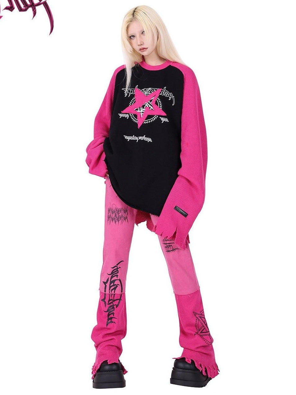 PINKSPINK Pink Embroidered Asymmetrical Distressed Pentagram Women's Cotton Flare Jeans