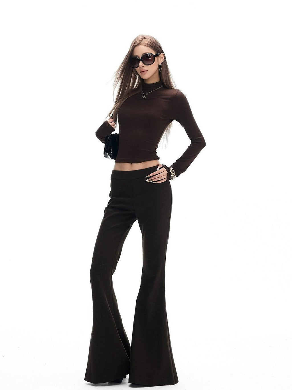 Fanptntox Solid Cropped High Neck Knit Slim Women's Viscose Blend Long Sleeve T-shirts
