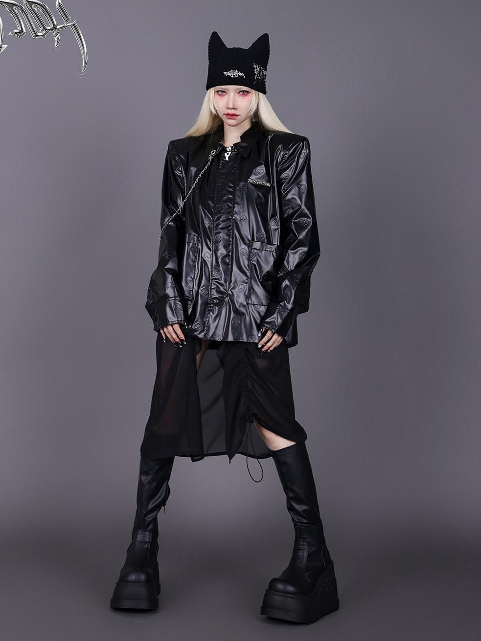 PINKSPINK Heart Embossed Metal Logo Detachable Mesh Stand Collar Women's Leather Jackets